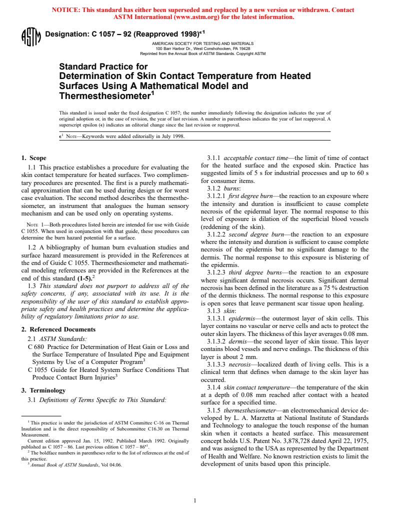 ASTM C1057-92(1998)e1 - Standard Practice for Determination of Skin Contact Temperature from Heated Surfaces Using A Mathematical Model and Thermesthesiometer