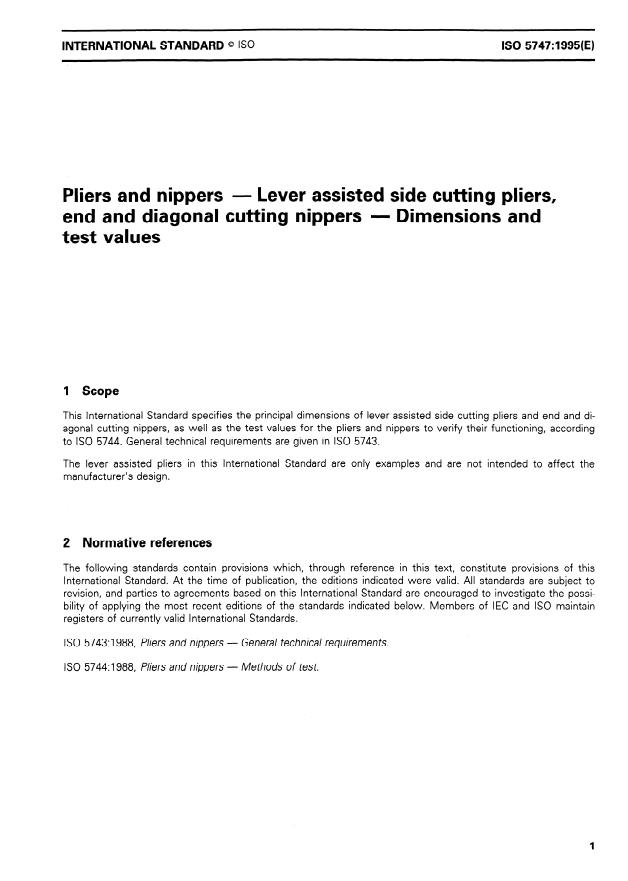 ISO 5747:1995 - Pliers and nippers -- Lever assisted side cutting pliers, end and diagonal cutting nippers -- Dimensions and test values