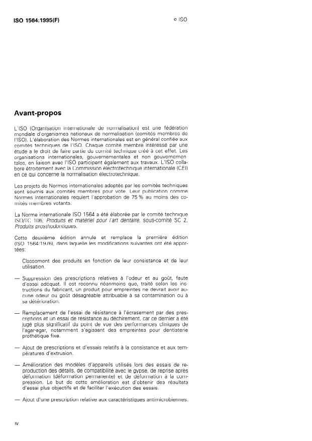 ISO 1564:1995 ISO 1564:1995 - Produits dentaires hydrauliques pour empreintes a base d'agar-agar - Page 4 preview