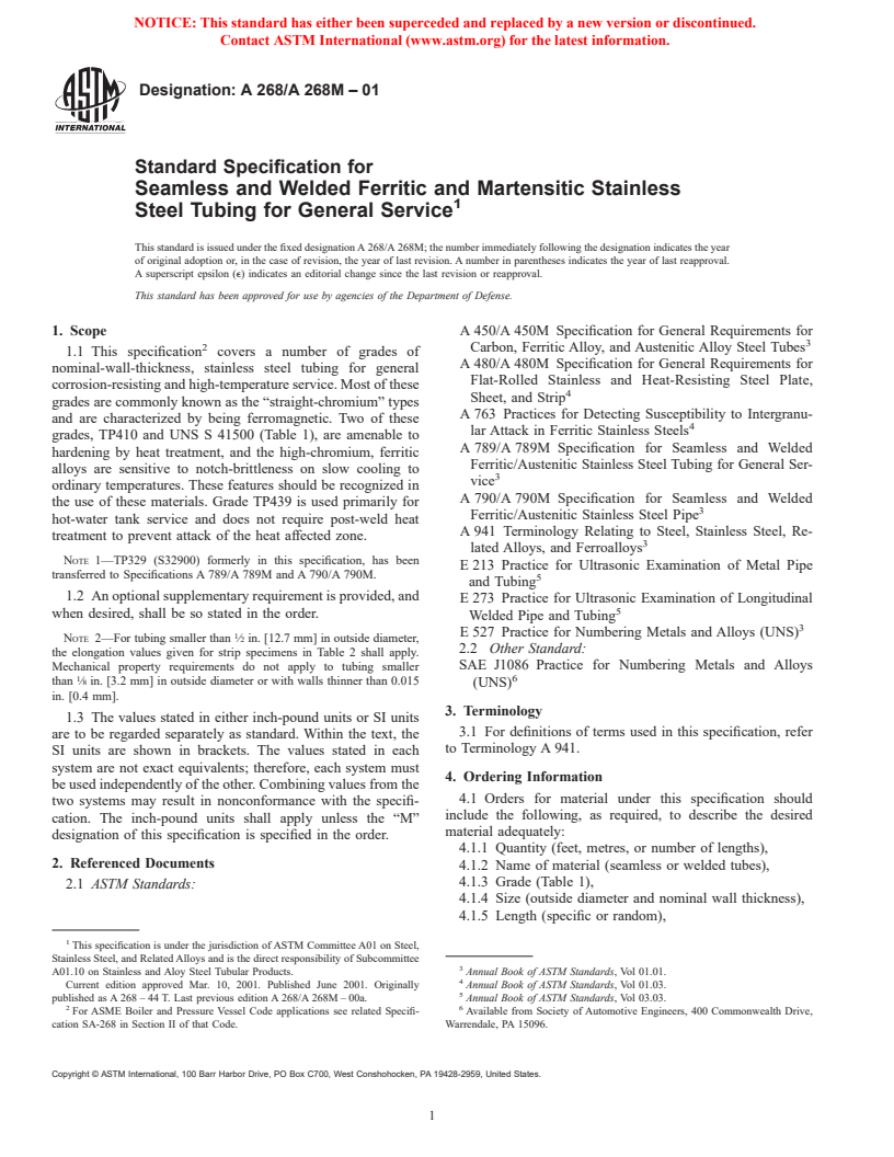 ASTM A268/A268M-01 - Standard Specification for Seamless and Welded Ferritic and Martensitic Stainless Steel Tubing for General Service