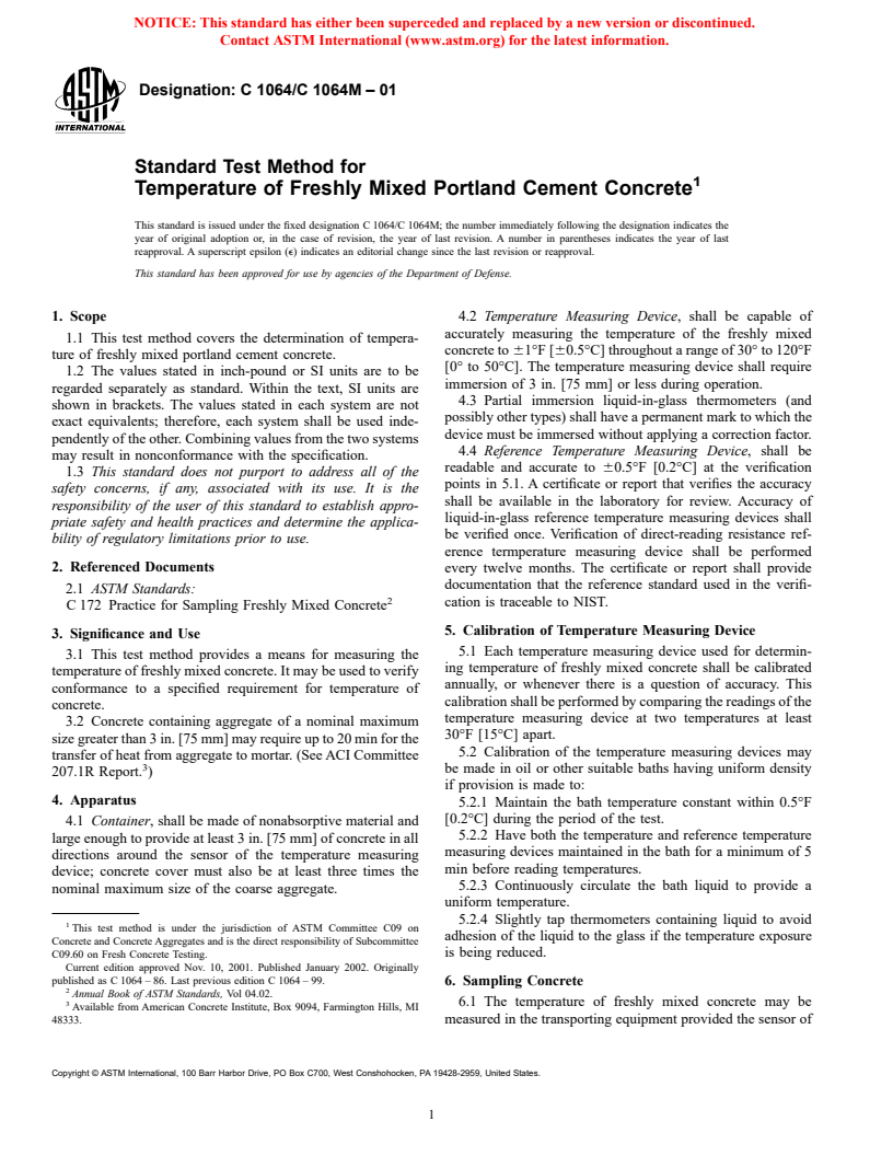 ASTM C1064/C1064M-01 - Standard Test Method for Temperature of Freshly Mixed Portland Cement Concrete