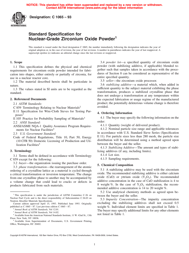 ASTM C1065-93 - Standard Specification for Nuclear-Grade Zirconium Oxide Powder (Withdrawn 1994)