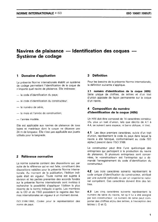 ISO 10087:1995 - Navires de plaisance -- Identification des coques -- Systeme de codage