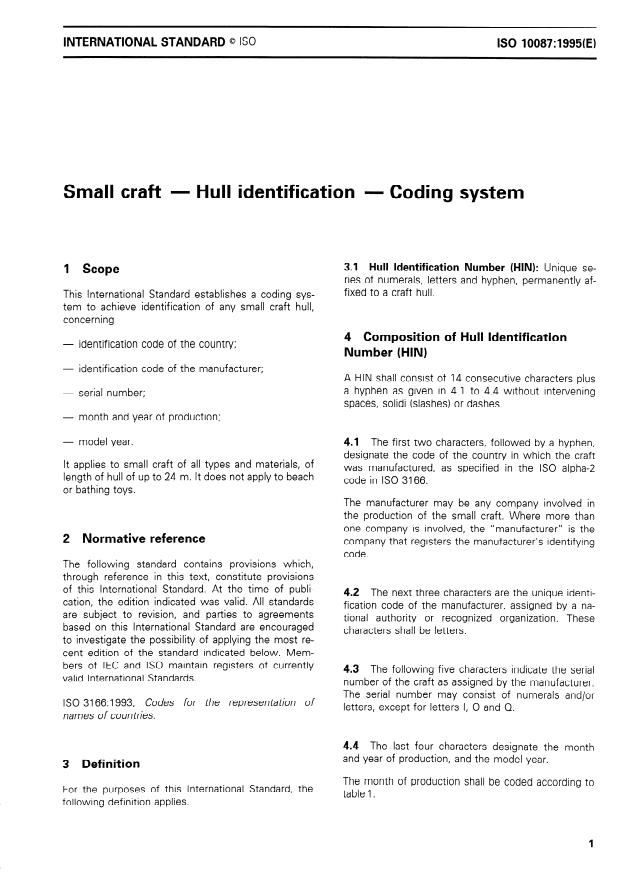 ISO 10087:1995 - Small craft -- Hull identification -- Coding system