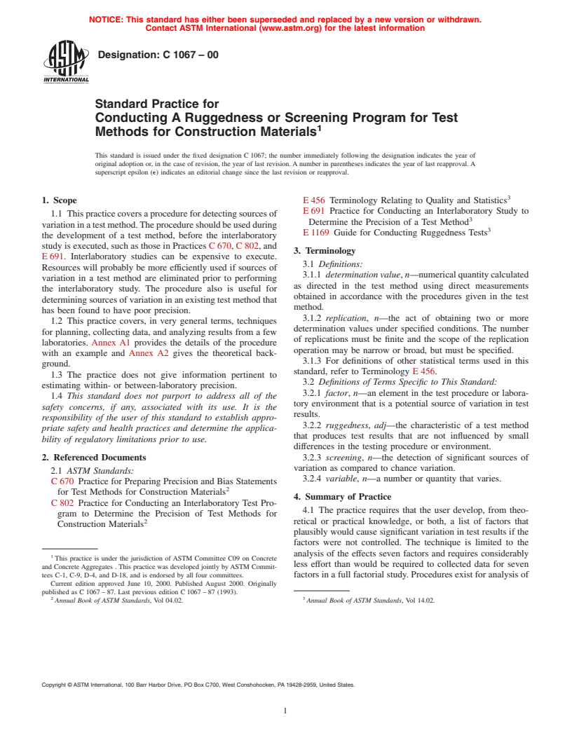 ASTM C1067-00 - Standard Practice for Conducting A Ruggedness or Screening Program for Test Methods for Construction Materials