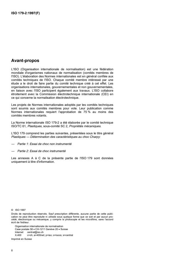 ISO 179-2:1997 ISO 179-2:1997 - Plastiques -- Détermination des caractéristiques au choc Charpy - Page 2 preview