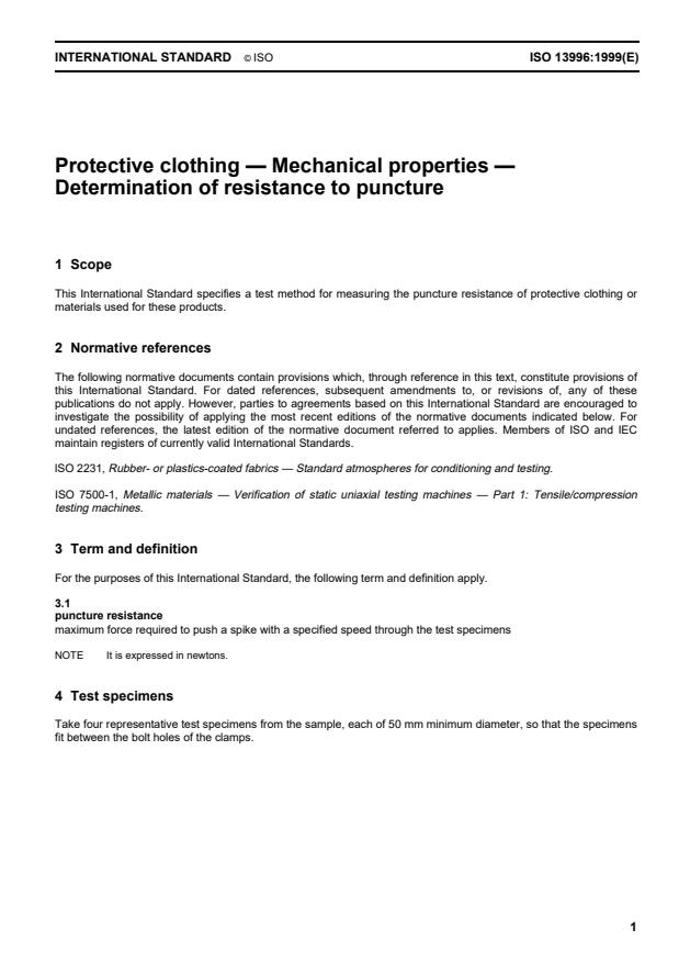 ISO 13996:1999 - Protective clothing -- Mechanical properties -- Determination of resistance to puncture