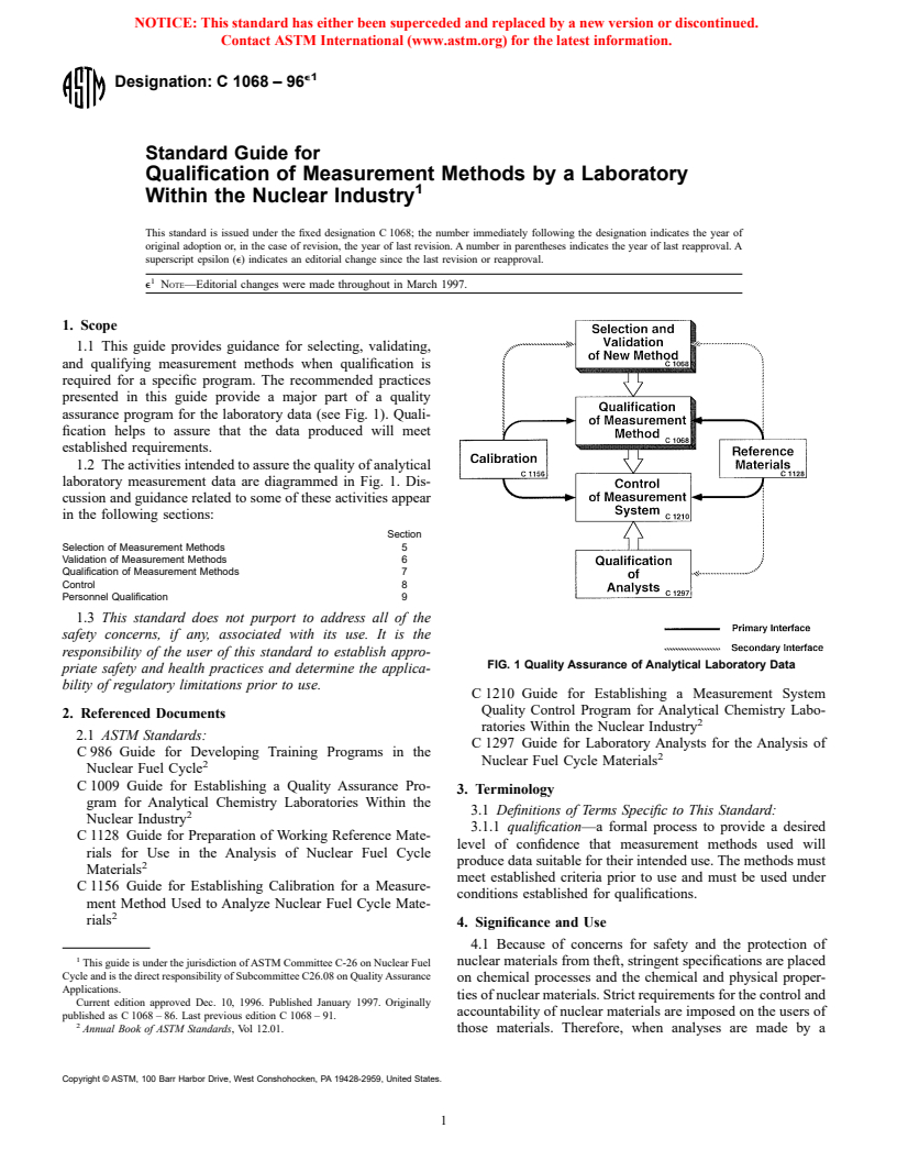 ASTM C1068-96e1 - Standard Guide for Qualification of Measurement Methods by a Laboratory Within the Nuclear Industry