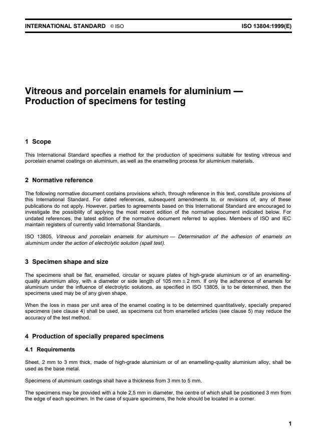 ISO 13804:1999 - Vitreous and porcelain enamels for aluminium -- Production of specimens for testing