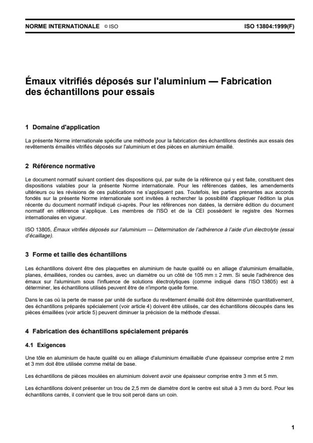 ISO 13804:1999 - Émaux vitrifiés déposés sur l'aluminium -- Fabrication des échantillons pour essais