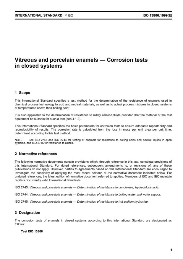 ISO 13806:1999 - Vitreous and porcelain enamels -- Corrosion tests in closed systems