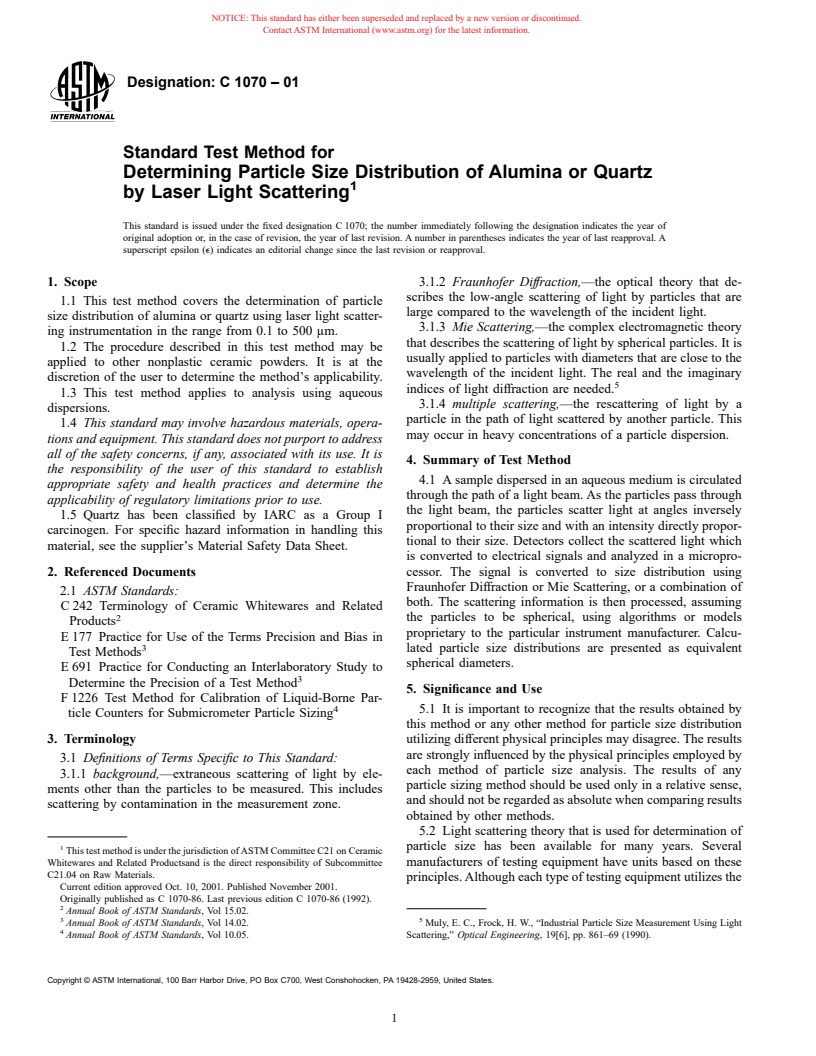 ASTM C1070-01 - Standard Test Method for Determining Particle Size Distribution of Alumina or Quartz by Laser Light Scattering