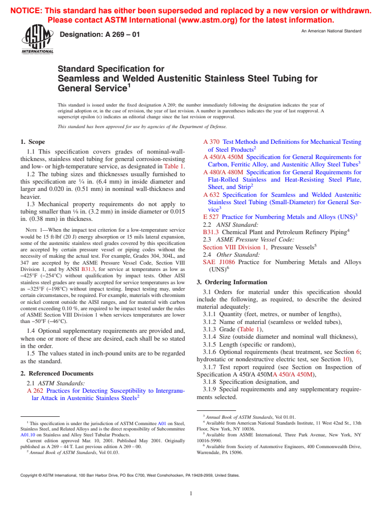 ASTM A269-01 - Standard Specification for Seamless and Welded Austenitic Stainless Steel Tubing for General Service