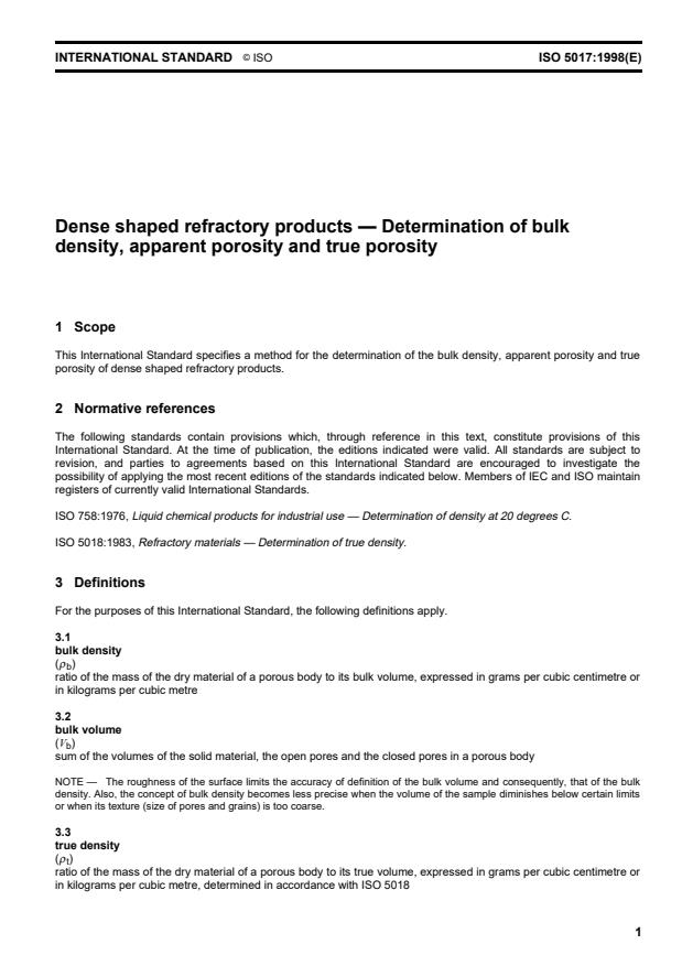 ISO 5017:1998 - Dense shaped refractory products -- Determination of bulk density, apparent porosity and true porosity
