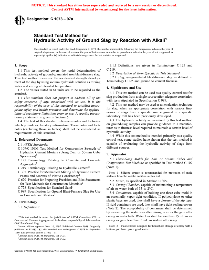 ASTM C1073-97a - Standard Test Method for Hydraulic Activity of Ground Slag by Reaction with Alkali