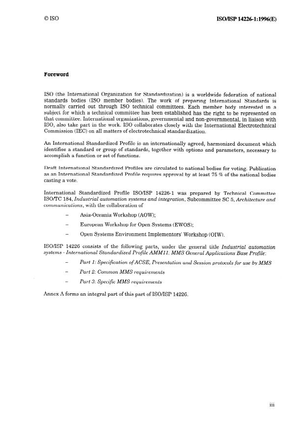 ISO/ISP 14226-1:1996 ISO/ISP 14226-1:1996 - Industrial automation systems -- International Standardized Profile AMM11: MMS General Applications Base Profile - Page 3 preview