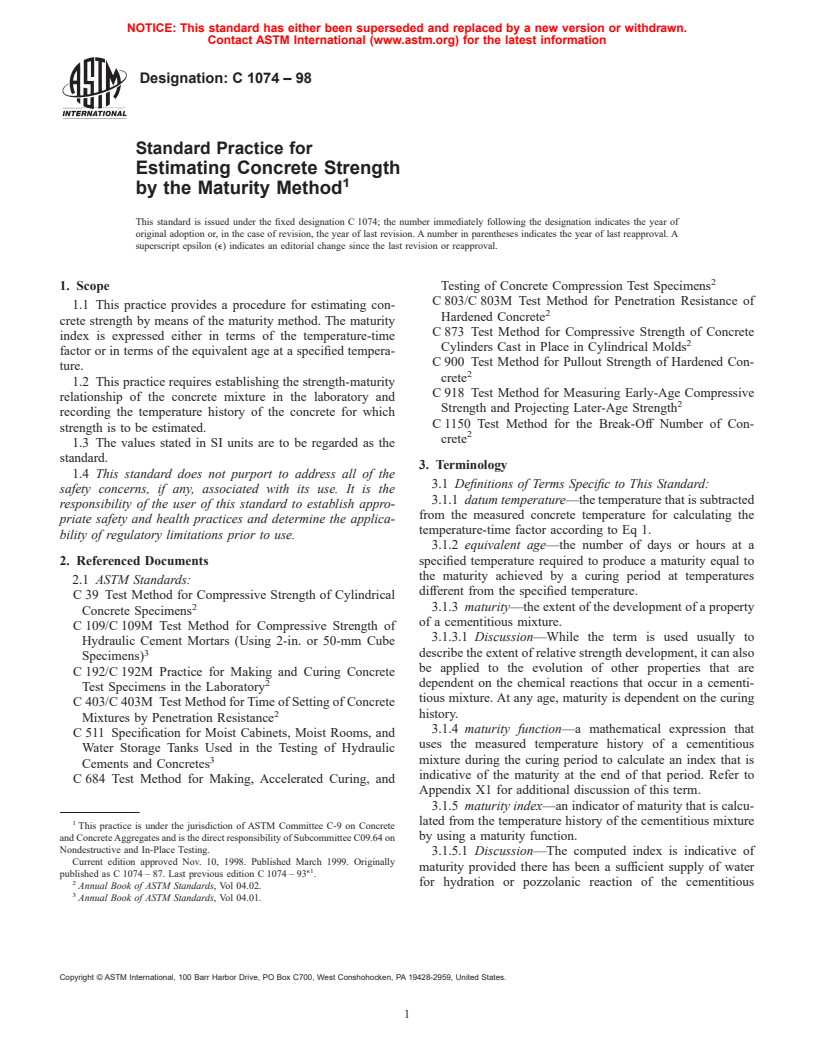 ASTM C1074-98 - Standard Practice for Estimating Concrete Strength by the Maturity Method