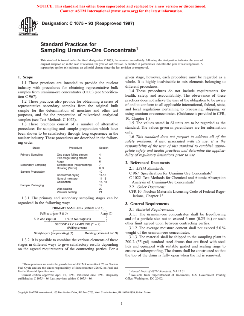 ASTM C1075-93(1997) - Standard Practices for Sampling Uranium-Ore Concentrate