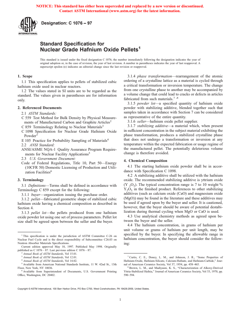 ASTM C1076-97 - Standard Specification for Nuclear Grade Hafnium Oxide Pellets