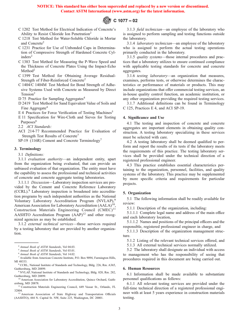 ASTM C1077-02 - Standard Practice for Laboratories Testing Concrete and Concrete Aggregates for Use in Construction and Criteria for Laboratory Evaluation