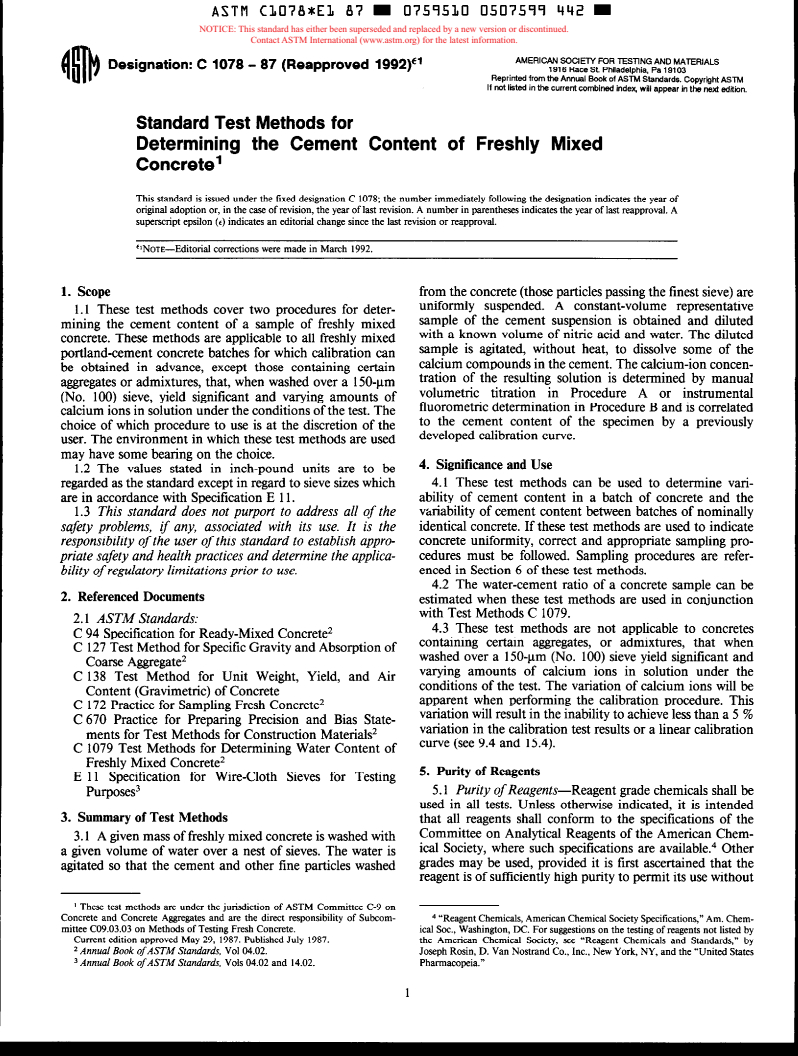 ASTM C1078-87(1992)e1 - Test Methods for Determining the Cement Content of Freshly Mixed Concrete (Withdrawn 1998)