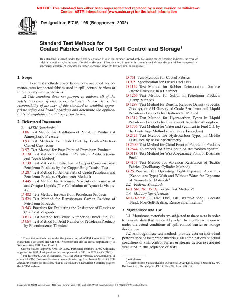 ASTM F715-95(2002) - Standard Test Methods for Coated Fabrics Used for Oil Spill Control and Storage