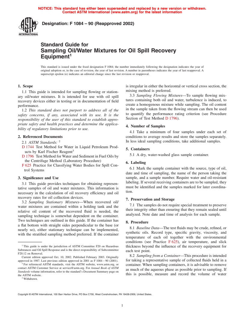 ASTM F1084-90(2002) - Standard Guide for Sampling Oil/Water Mixtures for Oil Spill Recovery Equipment