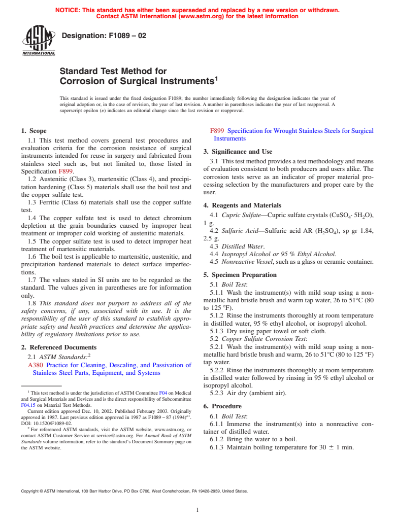 ASTM F1089-02 - Standard Test Method for Corrosion of Surgical Instruments