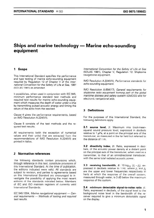 ISO 9875:1996 - Ships and marine technology -- Marine echo-sounding equipment
