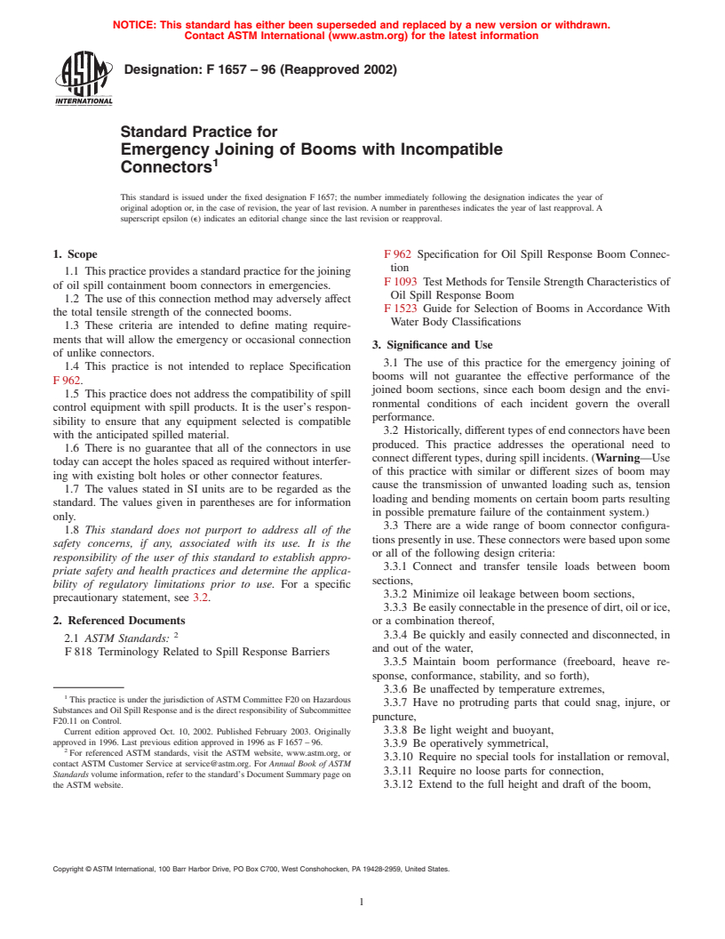 ASTM F1657-96(2002) - Standard Practice for Emergency Joining of Booms with Incompatible Connectors