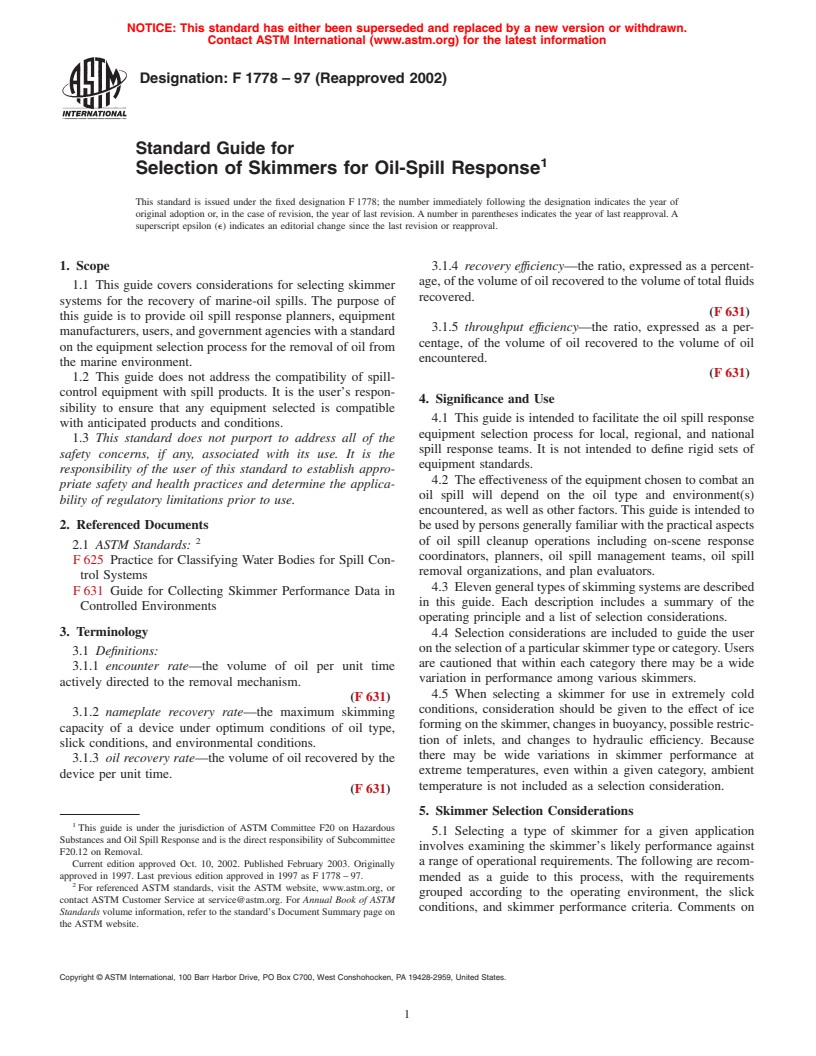 ASTM F1778-97(2002) - Standard Guide for Selection of Skimmers for Oil-Spill Response