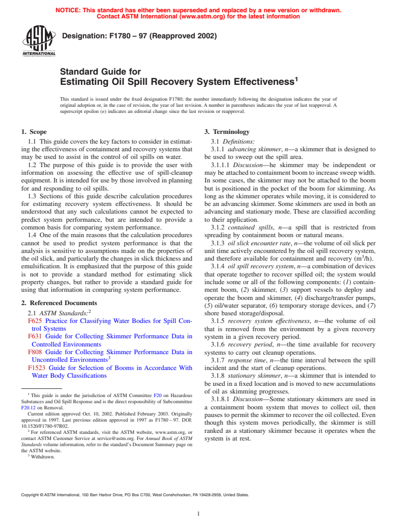 ASTM F1780-97(2002) - Standard Guide for Estimating Oil Spill Recovery System Effectiveness