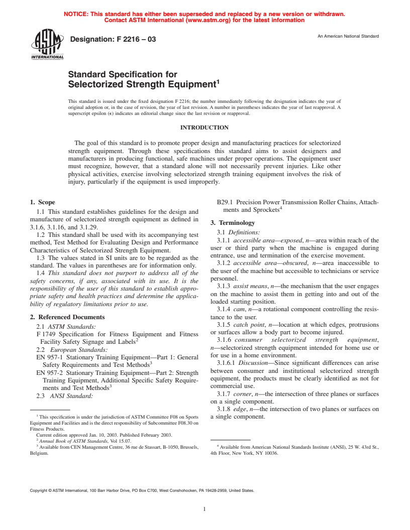 ASTM F2216-03 - Standard Specification for Selectorized Strength Equipment