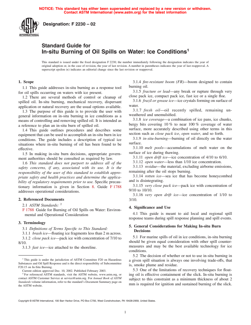 ASTM F2230-02 - Standard Guide for In-situ Burning of Oil Spills on Water: Ice Conditions