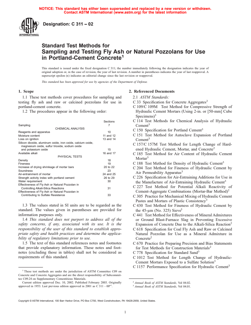 ASTM C311-02 - Standard Test Methods for Sampling and Testing Fly Ash or Natural Pozzolans for Use as a Mineral Admixture in Portland-Cement Concrete