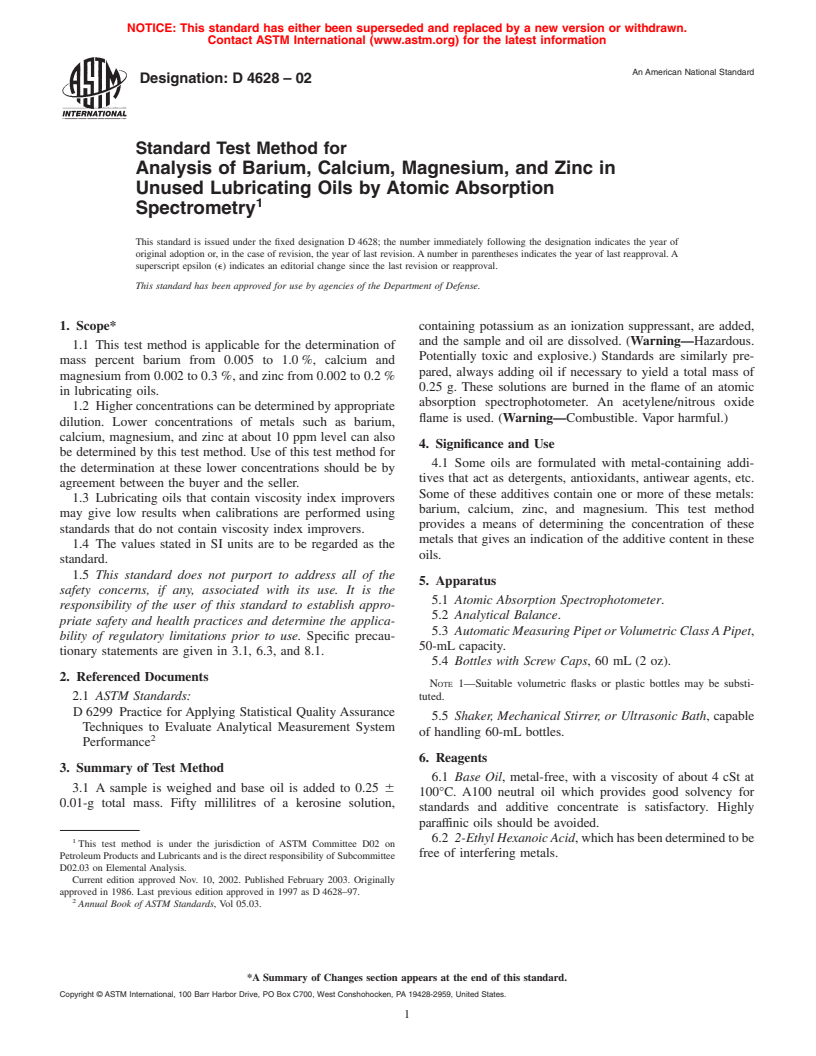 ASTM D4628-02 - Standard Test Method for Analysis of Barium, Calcium, Magnesium, and Zinc In Unused Lubricating Oils By Atomic Absorption Spectrometry