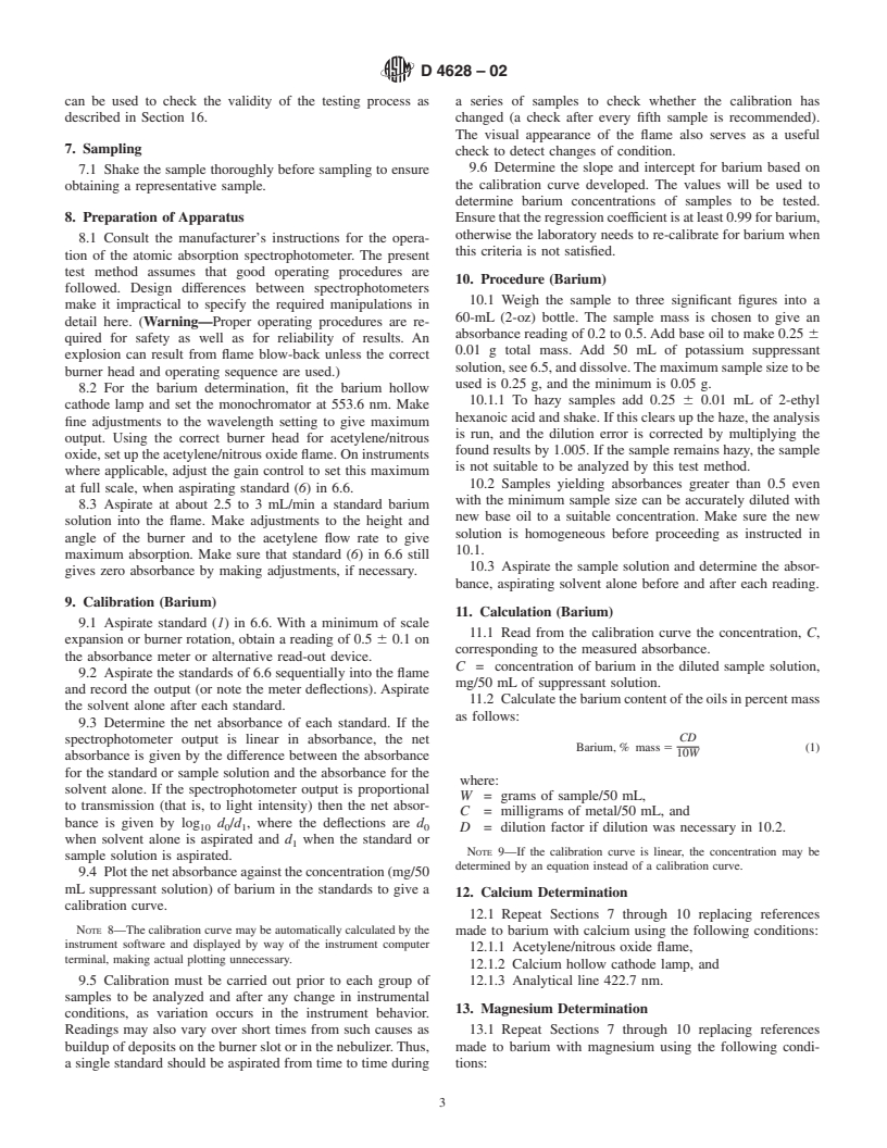 ASTM D4628-02 - Standard Test Method for Analysis of Barium, Calcium, Magnesium, and Zinc In Unused Lubricating Oils By Atomic Absorption Spectrometry