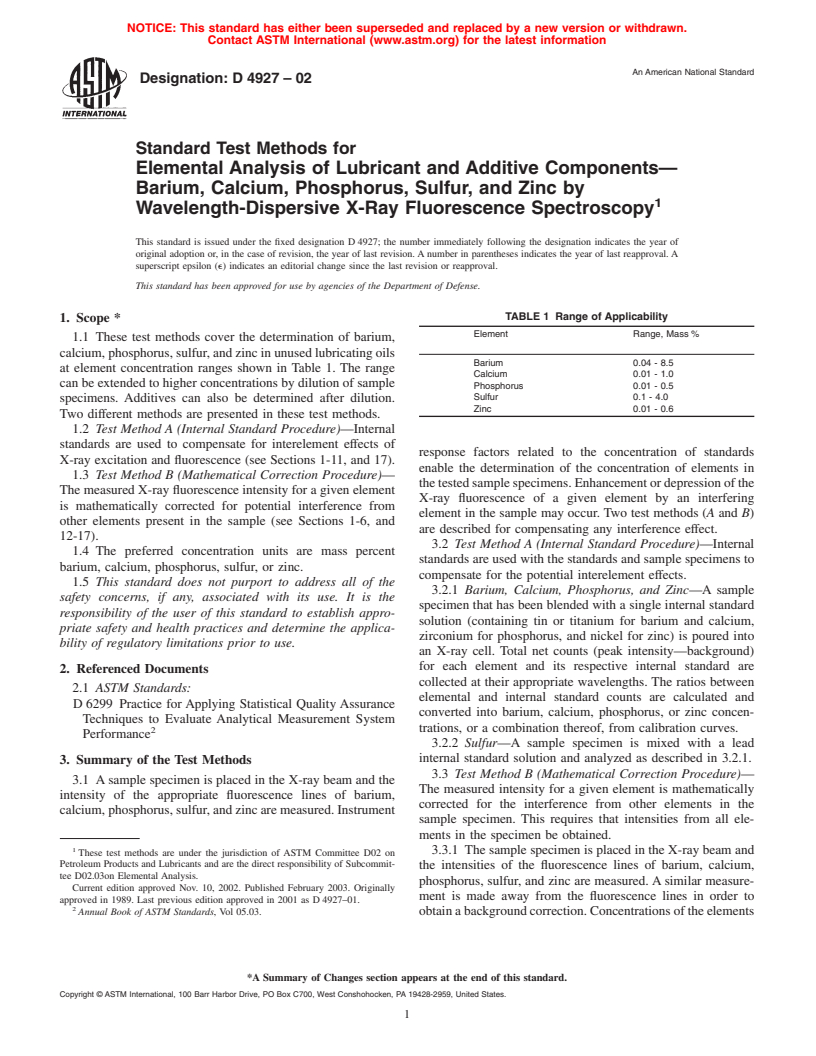 ASTM D4927-02 - Standard Test Methods for Elemental Analysis of Lubricant and Additive Components&#8212;Barium, Calcium, Phosphorus, Sulfur, and Zinc by Wavelength-Dispersive X-Ray Fluorescence Spectroscopy