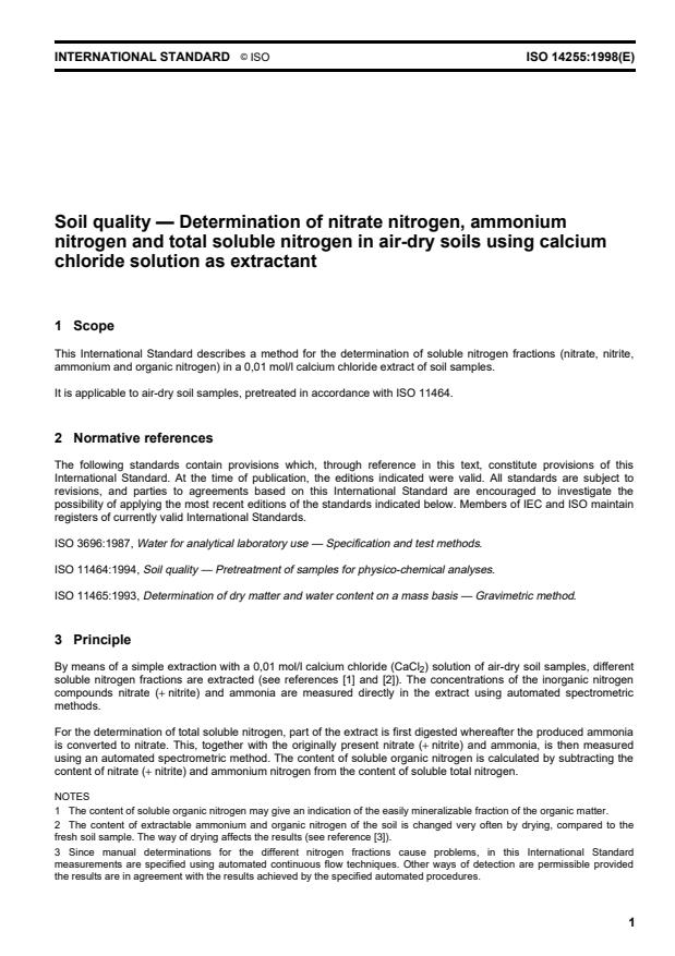 ISO 14255:1998 - Soil quality -- Determination of nitrate nitrogen, ammonium nitrogen and total soluble nitrogen in air-dry soils using calcium chloride solution as extractant