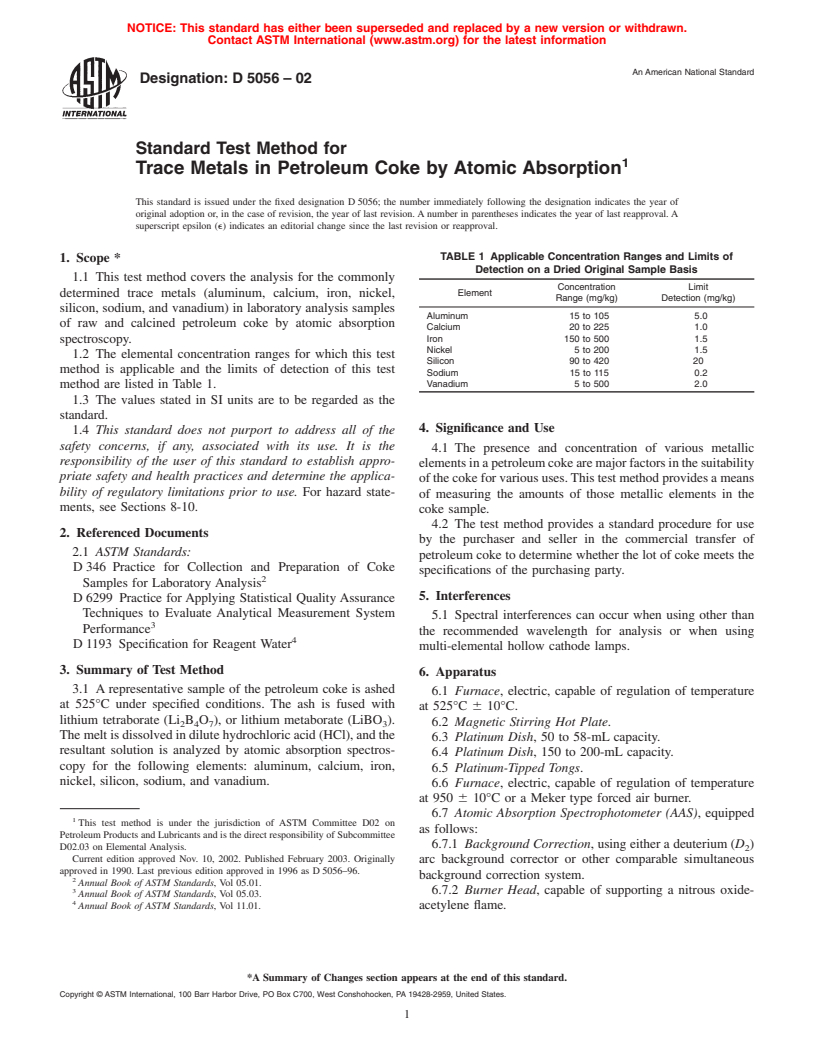 ASTM D5056-02 - Standard Test Method for Trace Metals in Petroleum Coke by Atomic Absorption