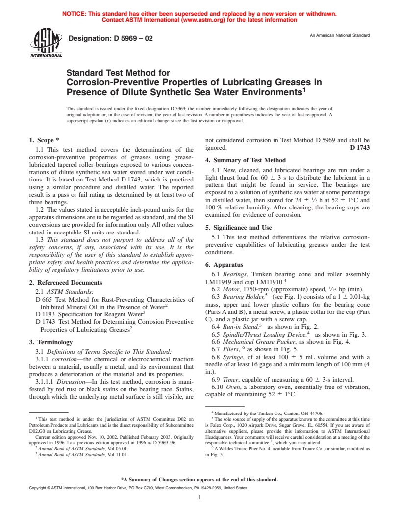 ASTM D5969-02 - Standard Test Method for Corrosion-Preventive Properties of Lubricating Greases in Presence of Dilute Synthetic Sea Water Environments