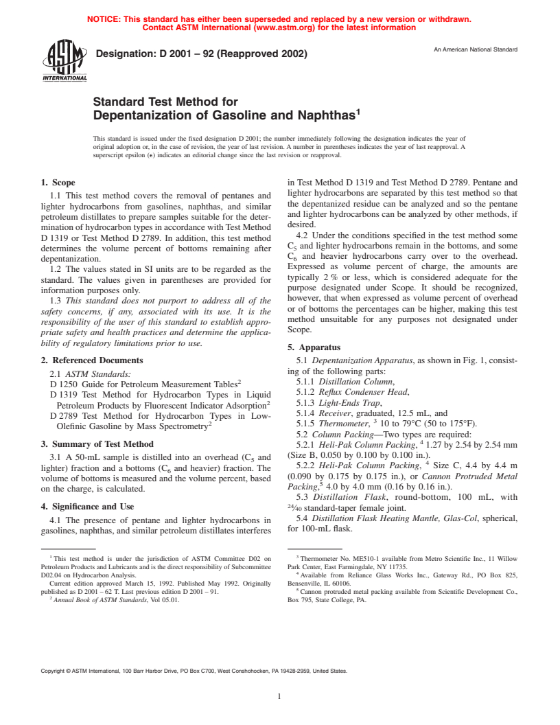 ASTM D2001-92(2002) - Standard Test Method for Depentanization of Gasoline and Naphthas