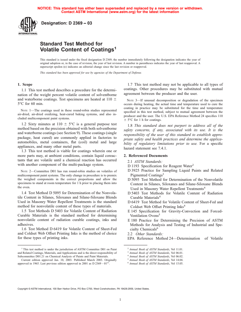 ASTM D2369-03 - Standard Test Method for Volatile Content of Coatings