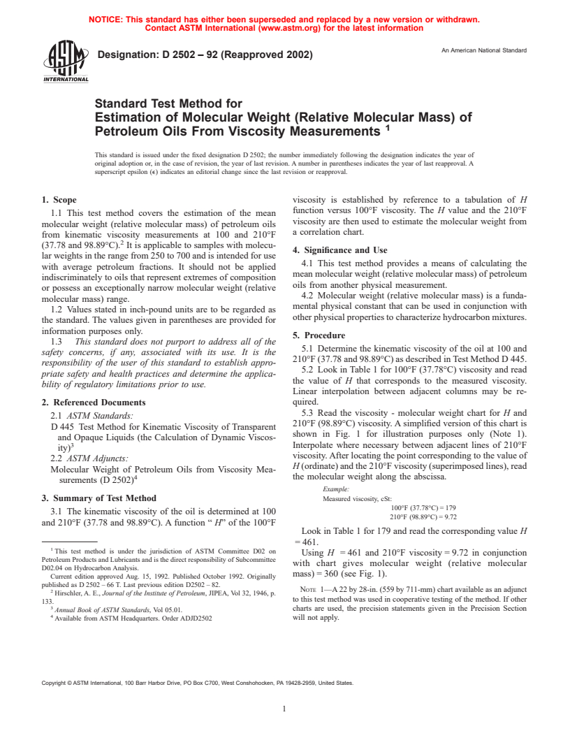 ASTM D2502-92(2002) - Standard Test Method for Estimation of Molecular Weight (Relative Molecular Mass) of Petroleum Oils From Viscosity Measurements