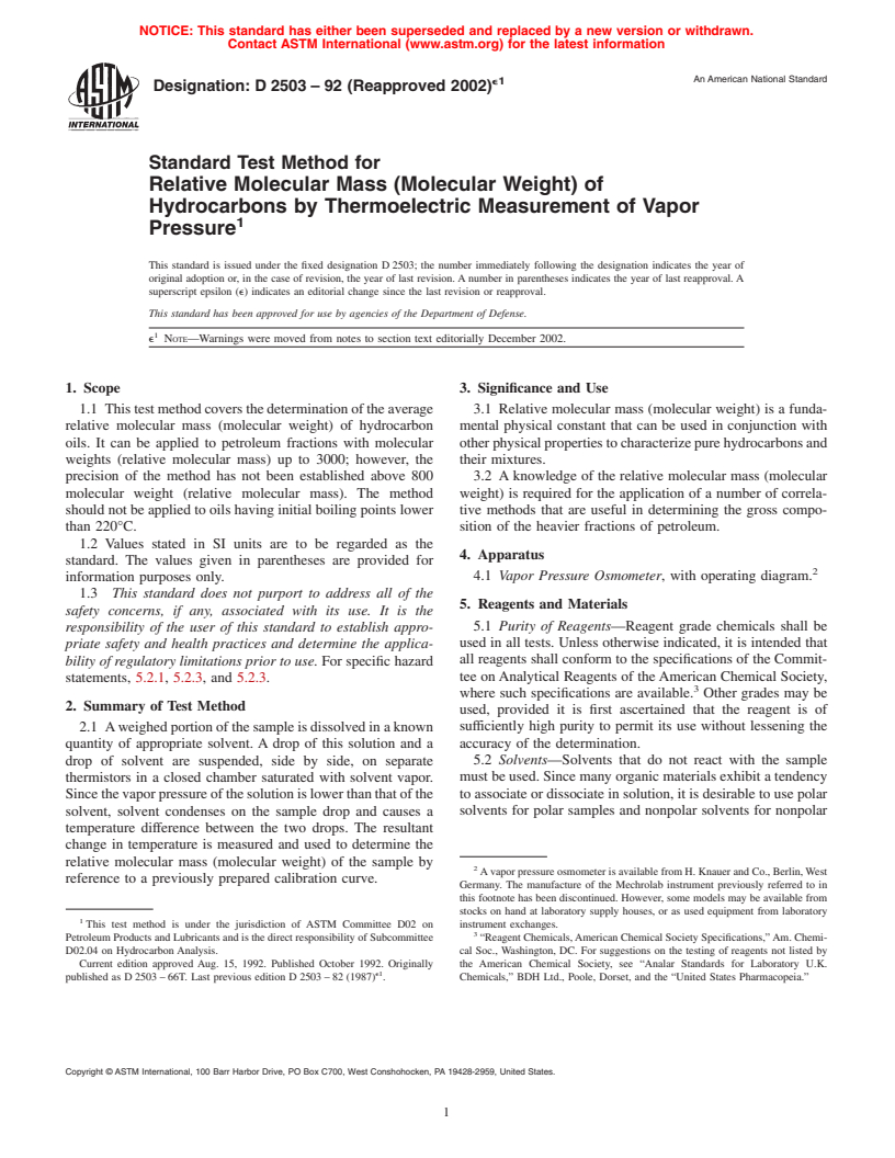 ASTM D2503-92(2002)e1 - Standard Test Method for Relative Molecular Mass (Molecular Weight) of Hydrocarbons by Thermoelectric Measurement of Vapor Pressure