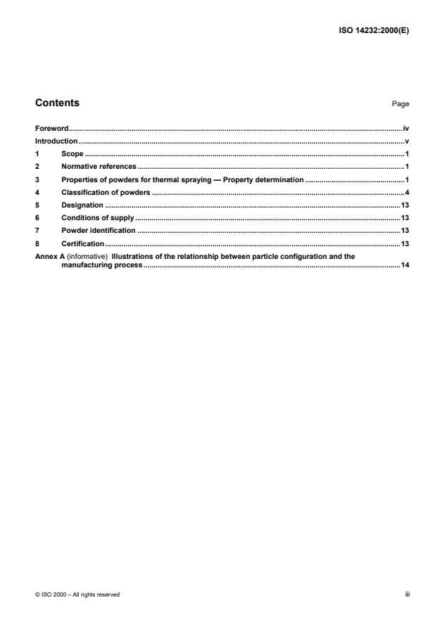 ISO 14232:2000 - Thermal spraying -- Powders -- Composition and technical supply conditions