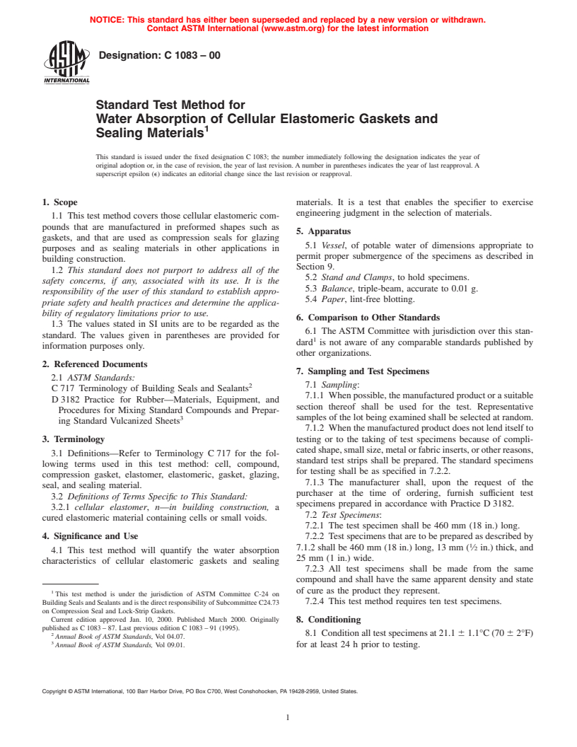 ASTM C1083-00 - Standard Test Method for Water Absorption of Cellular Elastomeric Gaskets and Sealing Materials