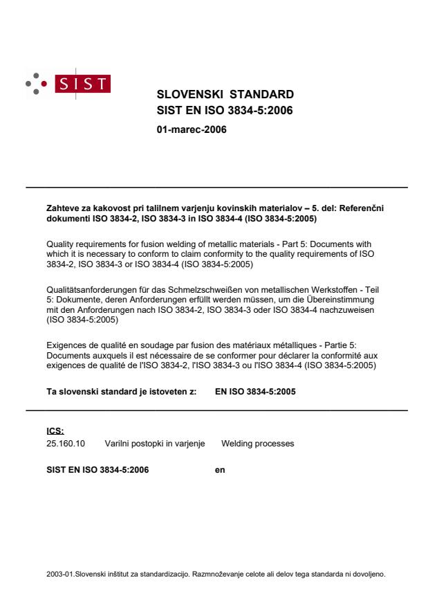 SIST EN ISO 3834-5:2006 (EN) - ICS ni popravljen na naslovnici