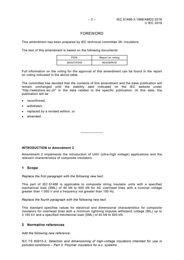 IEC 61466-2:1998/AMD2:2018 IEC 61466-2:1998/AMD2:2018 - Amendment 2 - Composite string insulator units for overhead lines with a nominal voltage greater than 1 000 V - Part 2: Dimensional and electrical characteristics - Page 4 preview