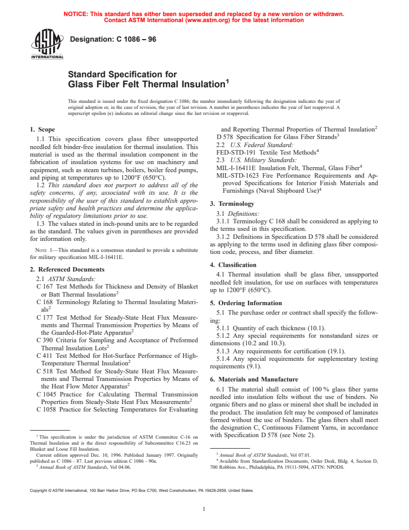 ASTM C1086-96 - Standard Specification for Glass Fiber Felt Thermal Insulation